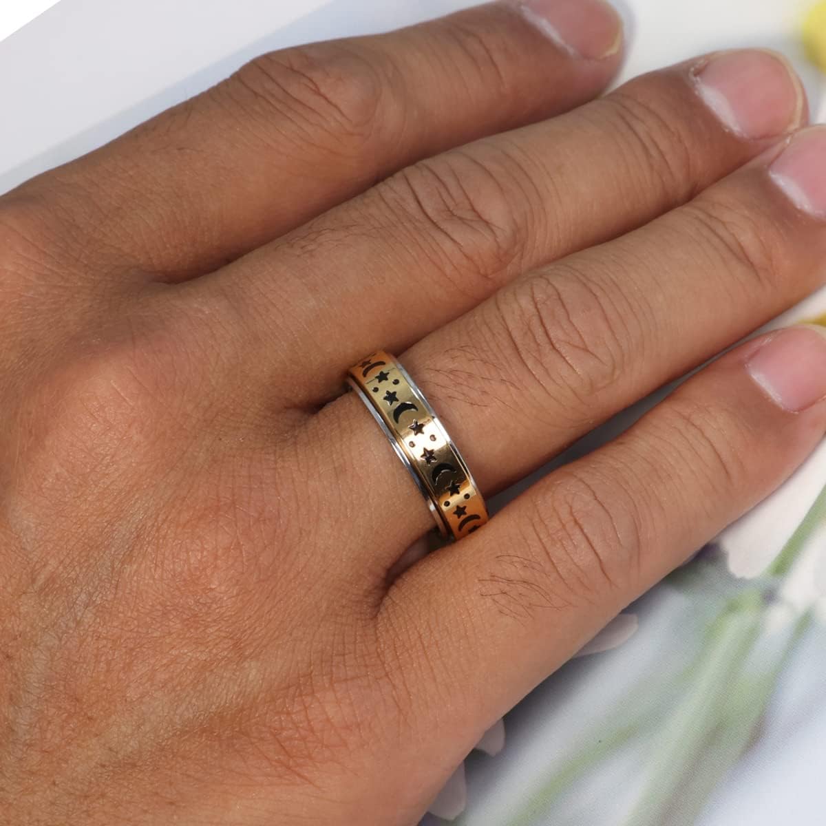 Anxiety Ring for Women Men, Titanium Stainless Steel Spinner Ring, 5 Colors, 6MM, Size 6-10, 3 Styles Anxiety Ring-Moon Star, Sandblasted Finished, Hollow Outer