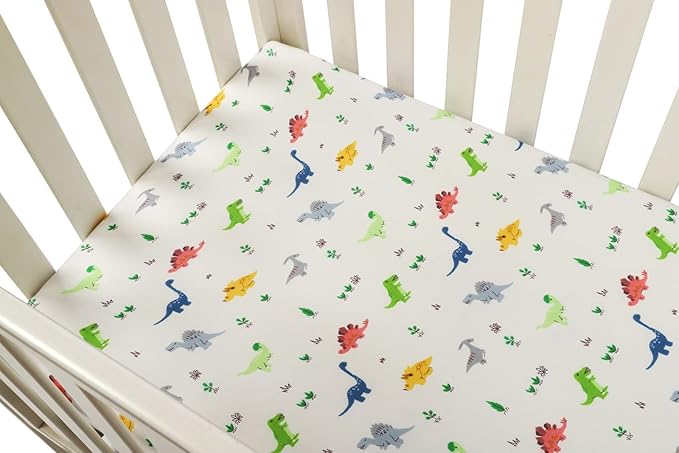 Onacosht Pack n Play Sheets 2 Pack for Baby Boy, Stretchy Jersey Knitted Portable Mini Crib Sheets Playard Mattress Cover, Dinosaur Printing