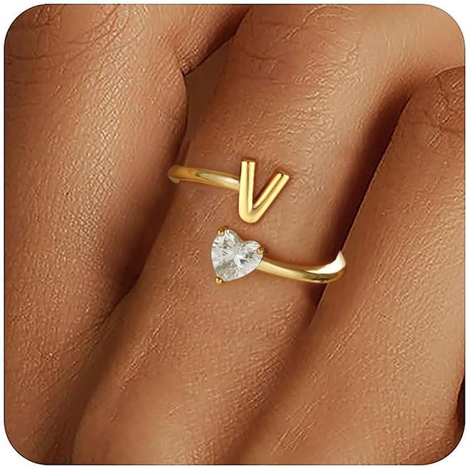 Gold Initial Rings for Women Girls - 18K Gold Plated Adjustable Letter A-Z Initial Ring Dainty Heart Zirconia Rings for Women Teen Girl Gifts