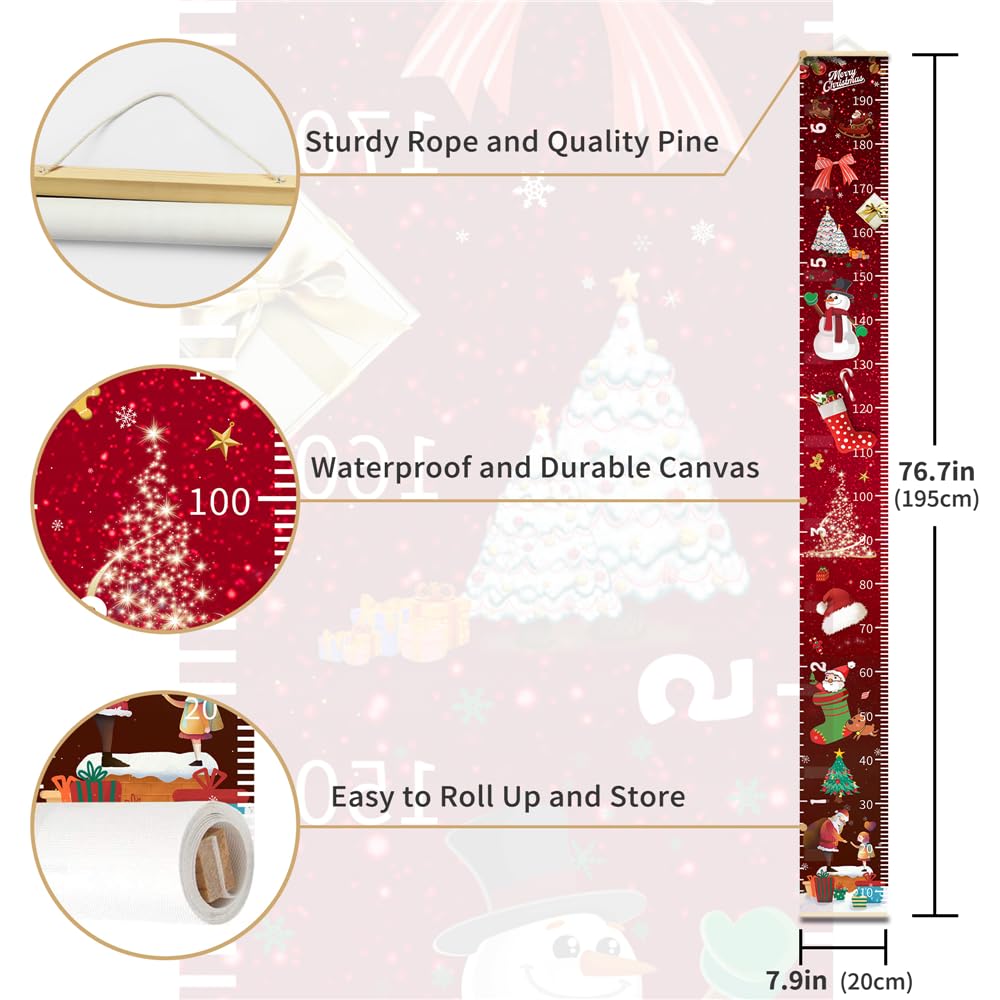 Christmas Baby Growth Chart for Wall, Height Chart for Kids, Xmas Kids Nursery Decor, Hanging Ruler Wall Decor, Kids Room Decor, Holiday Gifts for Boys Girls Toddlers - 76.7 x 7.9in with Black Wood