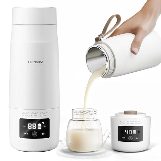 Portable Milk Warmer for Travel, Detachable Bottle Warmer for Breastmilk Formula Water, Boiling Function & Fast Heating, Rechargeable, Healthy for Baby on Journey, Car, Airplane