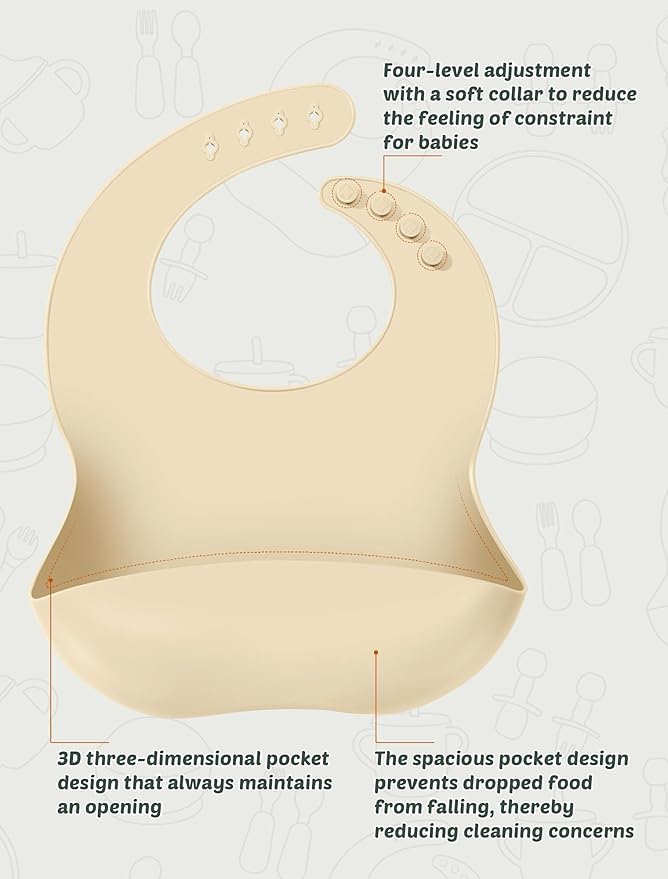 Silicone Baby Feeding Set 9 Pcs, Spill-Proof Suction Plate, Bowl, Bib, Silicone spoon&forks, Wooden Spoons&forks, Training cup with straw and Sippy Cup, Baby Eating Utensils (Beige)