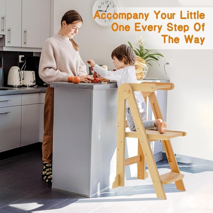 Toddler Tower, Foldable Step Stool for Toddlers, Toddler Kitchen Stool Helper with 3 Adjustable Height Safty Rail and Anti-Tip Structure, Learning Tower for Toddlers Baby Kids
