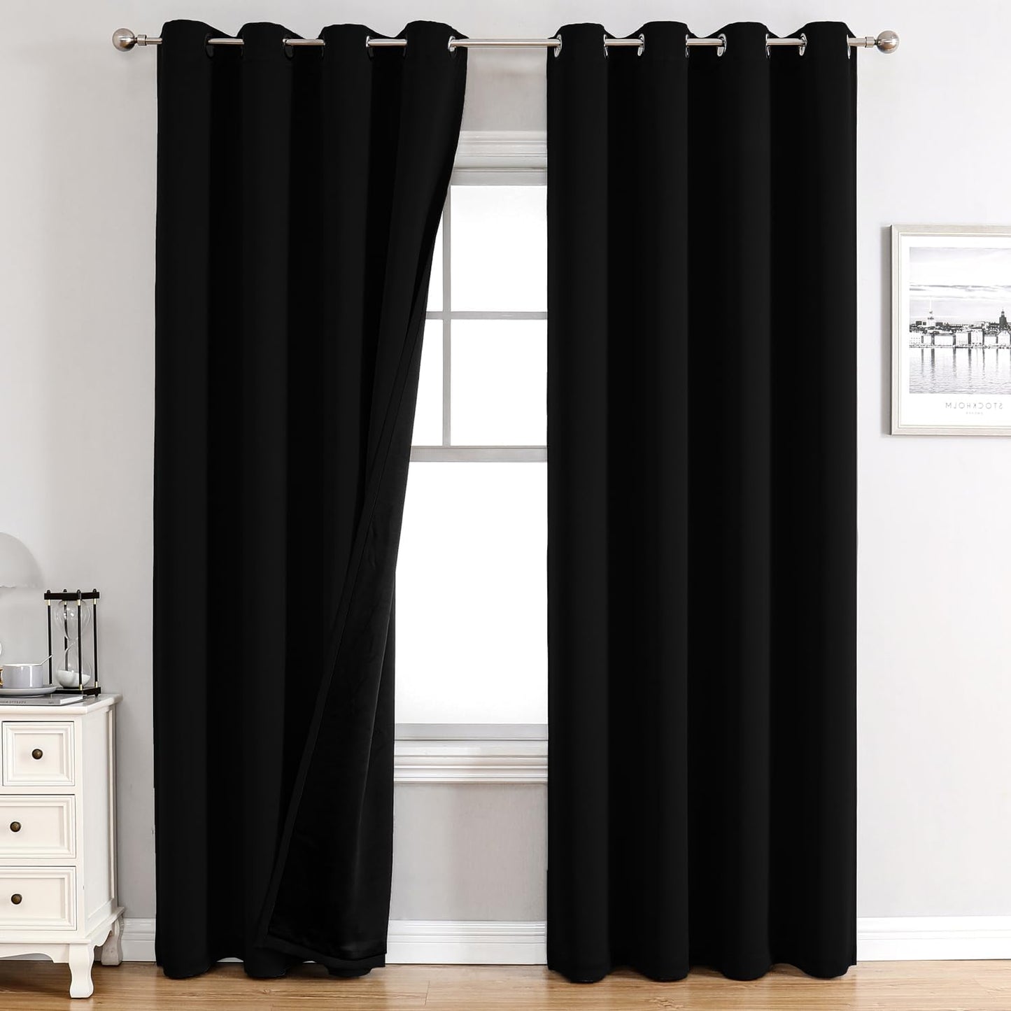 ChrisDowa 100% Blackout Curtains for Bedroom with Black Liner, 2 Thick Layers Total Blackout Thermal Insulated Grommet Window Curtains 2 Panels Set (Black, 52 x 84 Inch)