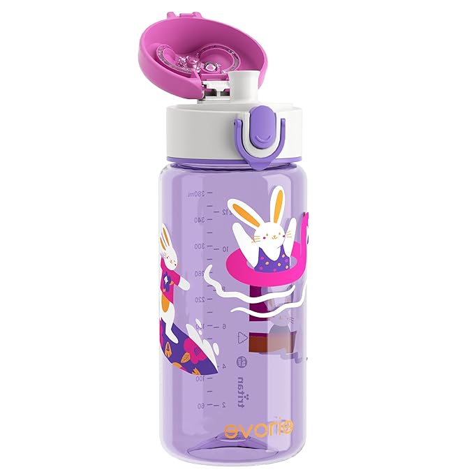 Evorie Kids Water Bottle for School, No Straw 13oz BPA Free Tritan Bottle, Leak Proof with Flip Top Lightweight for Outdoor (Purple Bunny)