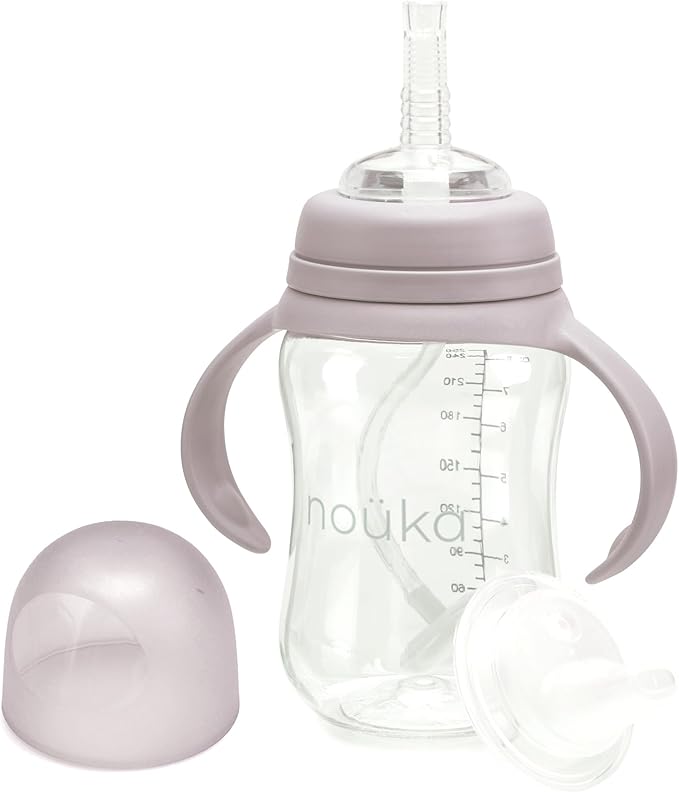 nouka Tritan Plastic Transitional Sippy Cup with Weighted Straw | Leak Proof and Easy Grip | Removable Handles | Bloom