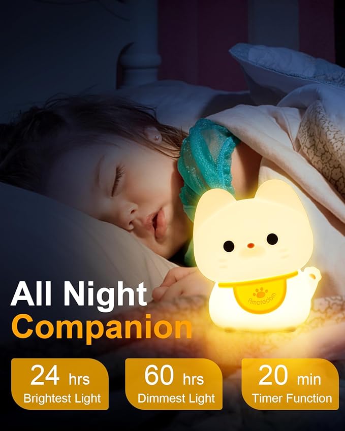 Amaredom Waving Kitten Night Light, Cute Cat Lamp, Silicone Dimmable Nursery Nightlight, Rechargeable LED Bedside Lamp with 20 Minutes Timer & Tap Control Baby Girls Women Bedrooms, Living Room
