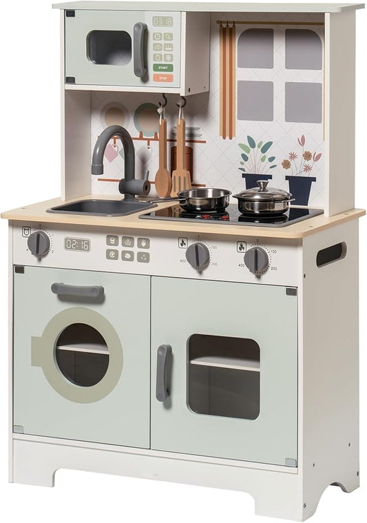 ROBOTIME Play Kitchen Set for Kids Toddlers, Wooden Kids Play Kitchen Playset with Real Lights & Sounds, Pretend Toddler Kitchen Gift for Girls Boys Age 3+