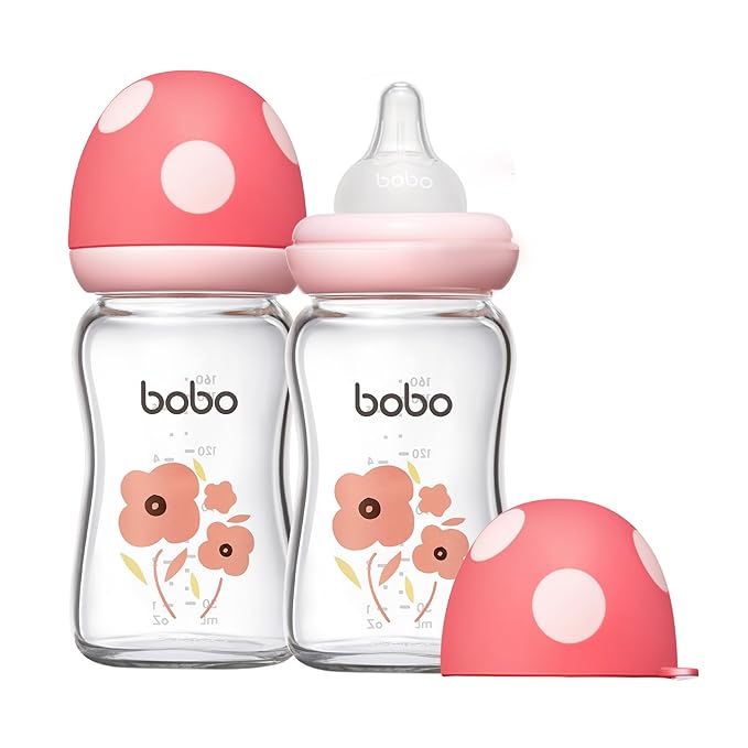 YOHKOH Natural Glass Baby Bottle with Natural Response Nipple, Newborn Anti-Colic Baby Bottles, Wide Neck Mushroom Cap Baby Bottle, Clear ((5.4oz (Pack of 2), Red-1)
