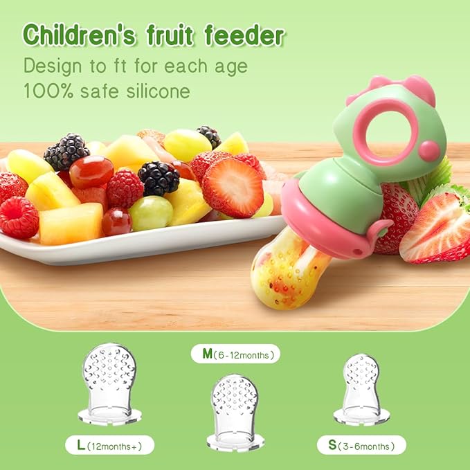 Baby Fruit Food Feeder - Silicone Nibble Tray Combo - Breastmilk Popsicle Mold for Cooling Relief, BPA Free Mesh Feeder for Infant Self Feeding (Dinosaur Green + Pineapple)