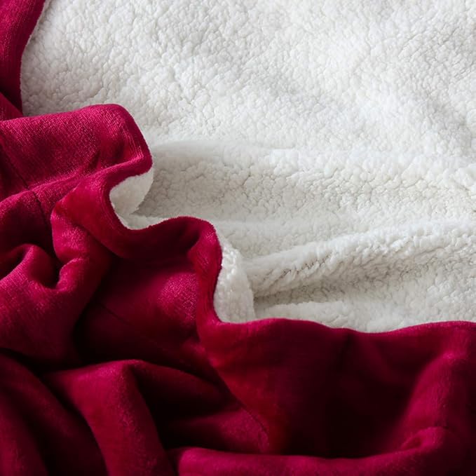 NANPIPER Bed Blanket Reversible Sherpa Flannel Blanket Super Soft Fuzzy Plush Fleece Microfiber (90"x90" Wine Red) Queen