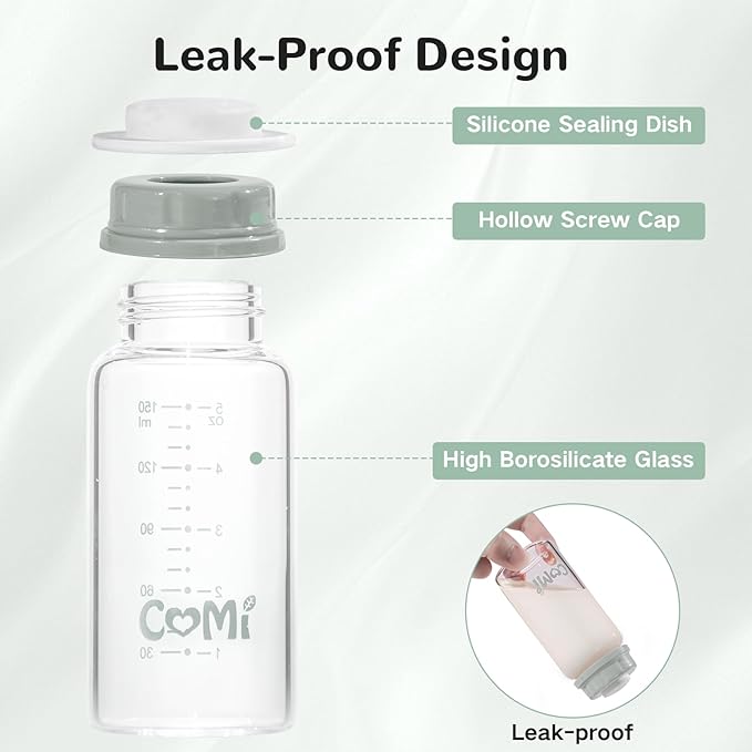 COMI Natural Glass Baby Bottle,Standard Neck Breastmilk Storage Bottle for Fridge,Breast Milk Container,Breast Pump Bottle Compatible with Medela Breast Pump,BPA Free,6PCS (5oz,6 Gray Lids)