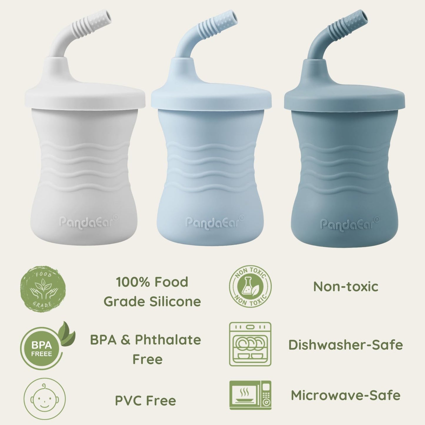 PandaEar Silicone Training Cup, 3 Pack Baby Drinking Sippy Cups with Straw for Baby and Toddler 6 Months+ (Dark Blue/Light Blue/Gray)