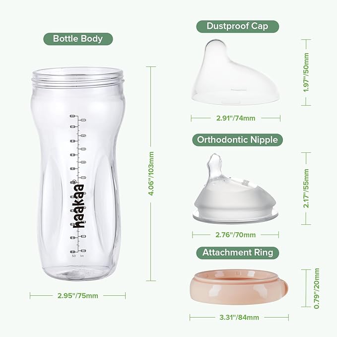 haakaa Gen.3 Natural Glass Baby Bottle 11oz/1PK - Wide Neck Anti-Colic Variable Flow Nipple,Easy to Clean & Latch for 6m+ Breastfeeding Baby Toddler,BPA-Free - Peach