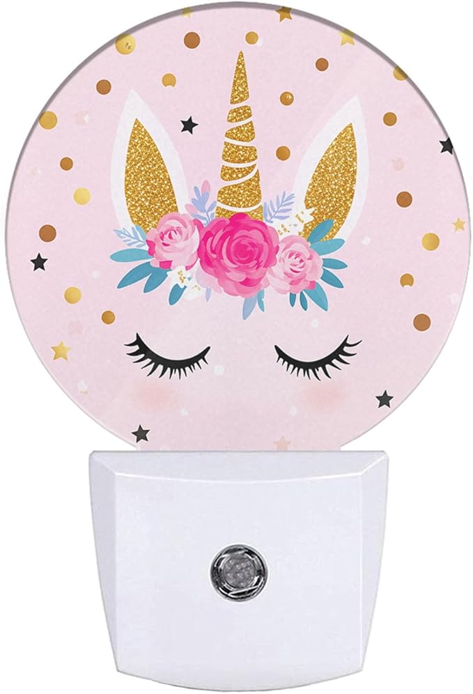 EKOBLA Unicorn Pink Night Light Gold Golden Polk Dots Stars Night Lights Plug into Wall with Dusk to Dawn Sensor Round LED Lamp for Teen Girls Fun Novelty Gift