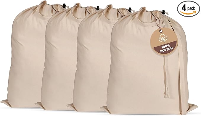 LFH Home Large Premium 100% Cotton Canvas Laundry Bag with Drawstring and Handles Heavy Duty, Multi-Use, and Washable for Home, Travel, College or Storage 28x36 (Pack of 4)-Natural