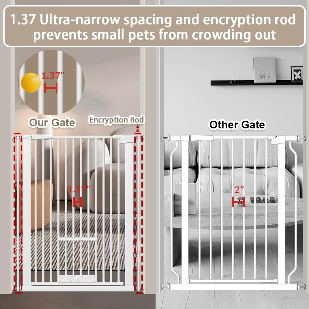 40.55" Tall 1.37" Ultra Narrow Spacing 30.12-45.87" Wide Dogs Pets Baby Gate with Cat Door for Doorway Safety Proof Indoor Puppy Pressure Mounted No Drill Black Metal Hallway