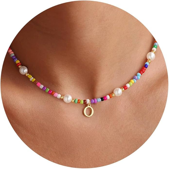 M MOOHAM Colorful Initial Necklaces for Girls - Beaded Pearl Choker Necklace for Women Teen Girl Colorful Summer Boho Necklace Jewelry, Trendy Personalized Letter Initial Gifts Birthday Gifts Kids
