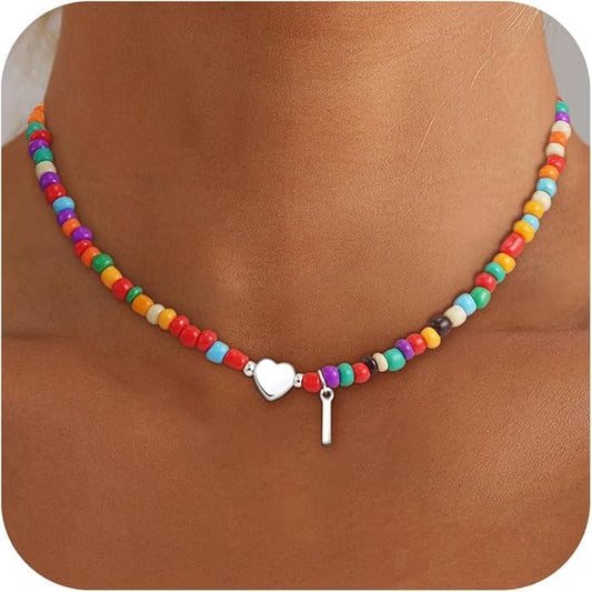 Colorful Initial Necklaces for Girls Women Kids - Teen Girls Gifts Trendy Beaded Initial Necklace Dainty Letter Gifts Choker Necklace for Girl Jewelry