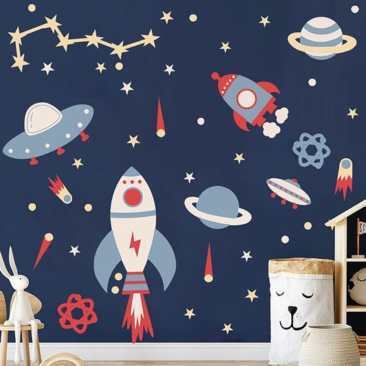Space Peel and Stick Decals Rocket Planets Stars Wall Sticker Removable Vinyl Decals for Nursery Kids Room Girls Boys Bedroom Playroom Wall Decor