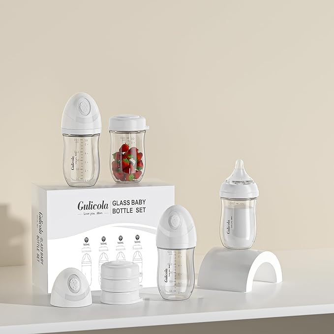 Gulicola Natural Glass Baby Bottle 4 Pack, Newborn Breastfeeding Bottles Set, Extra Slow Flow Nipples (SS), Anti Colic, 0 Months+, 5 oz - White