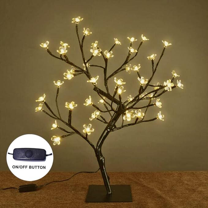 LIGHTSHARE 18 Inch Cherry Blossom Bonsai Tree, 48 LED Lights, 24V UL Listed Adapter Included, Metal Base, Warm White Lights, Ideal as Night Lights, Home Gift Idea
