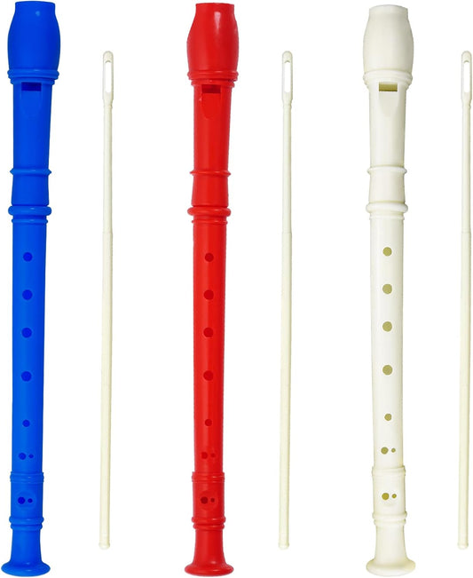 3 Pack 8 Hole Soprano Recorders Descant Flute With Cleaning Rod German Style for Beginner Graduation or Back to School Gift (dark blue, red, white)