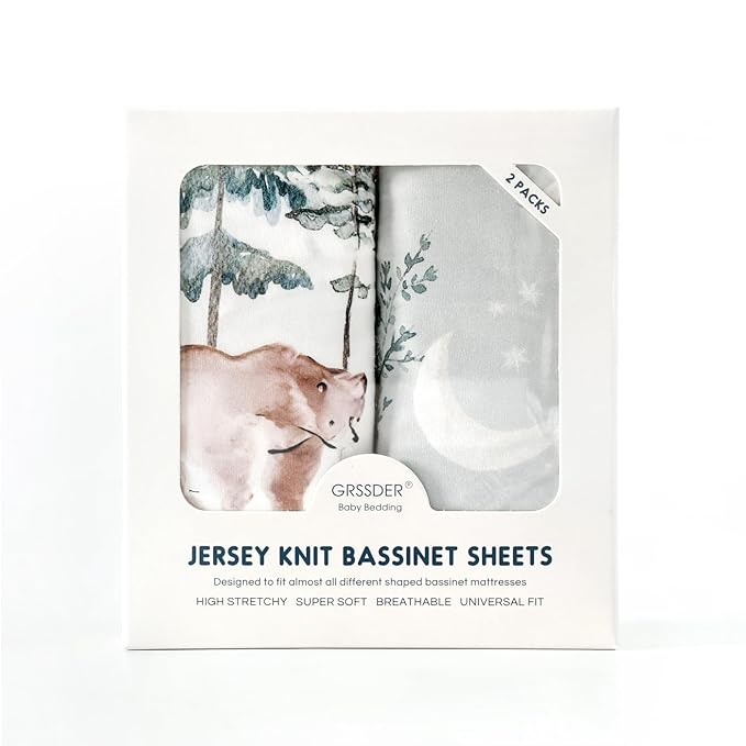 Stretchy Bassinet Mattress Sheets, Ultra Soft Bassinet Sheet 2 Pack, Universal Fitted for Oval Hourglass Rectangular Bassinet Mattress Pad Safe and Snug, Stylish Pattren of Bear and Wolf Print