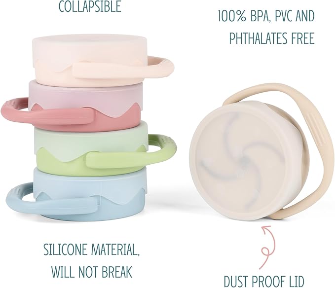 Silicone Snack Cups for Toddlers, Snack Containers with Lids, Foldable Baby Food Catcher with Holders and Dustproof Lid, 2 Pack (Color 1)
