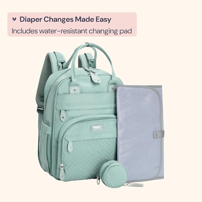 BabbleRoo Diaper Bag Backpack - Baby Essentials Travel Bag - Multi Function Water Resistant Diaper Bag, Travel Essentials Baby Bag with Changing Pad, Stroller Straps & Pacifier Case – Sage Green