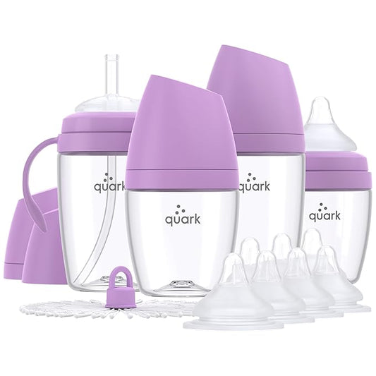 BuubiBottle Hybrid Bottle Feeding Bundle by Quark - Baby Bottle Set with Baby Bottles for Breastfed Babies from Newborn to Toddler - With RealFeel Anti Colic Nipples, Sippy Cup Conversion Kit - Purple