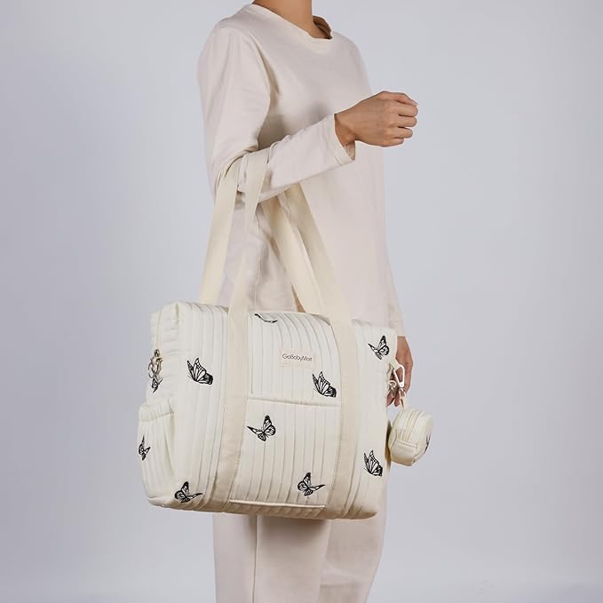 Large Diaper Bag Tote, Maternity Travel diaper tote, Multifunction baby bag, Baby Nappy Bags, Messenger bag (Medium - Beige Butterflies)