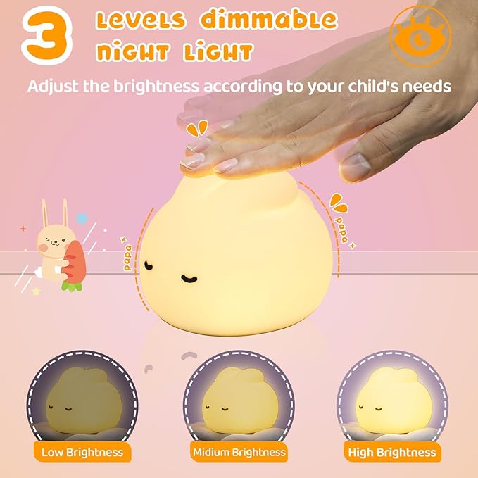 Cute Bunny Night Light, 3 Level Dimmable Nursery NightLight for Kids, Silicone Squishy Rabbit Lamp with Tap Control & Timer for Breastfeeding Toddler Baby Kids Decor Gift
