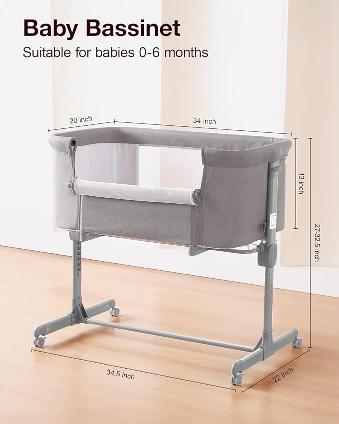 Larex Baby Bassinet, 3 in 1 Bassinets Bedside Sleeper for Newborn, Portable Crib Adjustable 7 Height Bedside Bassinet with Mattress and Wheels Light Grey