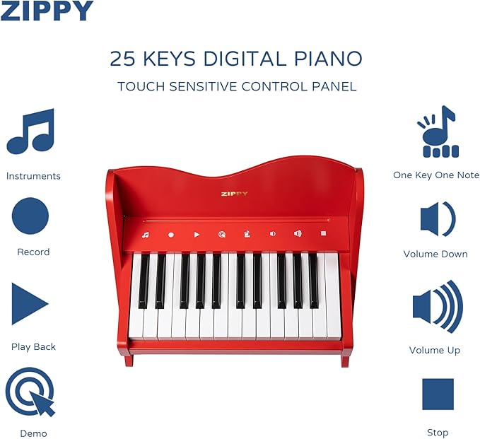 ZIPPY Kids Piano Keyboard, 25 Keys Digital Piano for Kids, Touch Sensitive Control Panel, Volume Adjustable, Mini Music Educational Instrument Toy, Wood Toy for Toddlers Girls Boys (Red)