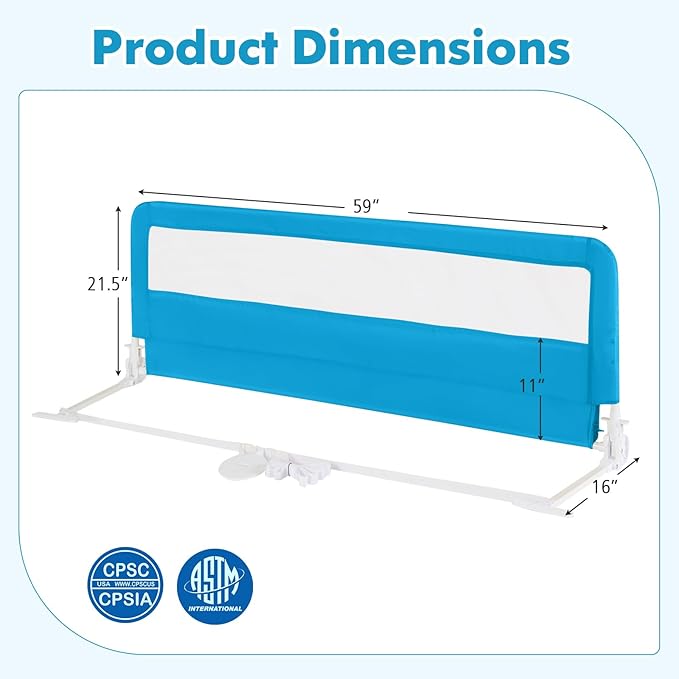 BABY JOY Bed Rails for Toddlers, 59'' Extra Long, Swing Down Bed Guard w/Safety Straps, Folding Baby Bedrail for Kids Twin, Double, Full Size Queen & King Mattress (Blue, 59-Inch)