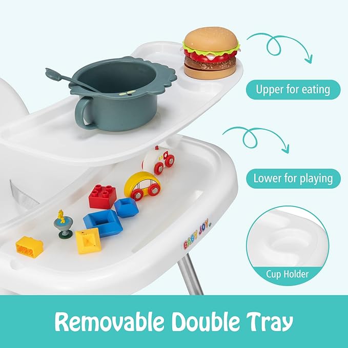 BABY JOY Baby High Chair, 4 in 1 Convertible Highchair for Babies & Toddlers with Adjustable Legs, Double Removable Tray, Safety Harness & Footrest (White)