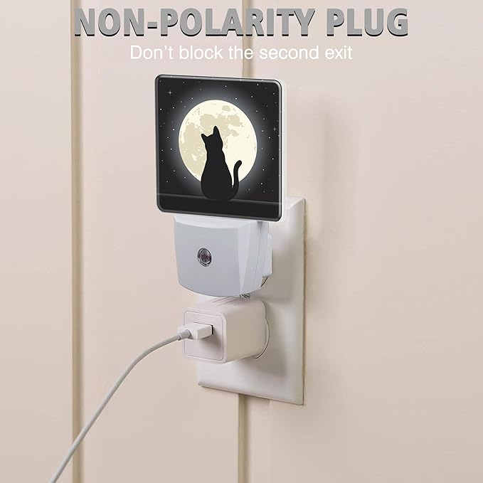 Black Cat Under The Moon Night Lights Plug into Wall for Girls Boys Room, Night Lights LED Lamp with Dusk to Dawn Sensor Nightlight for Bedroom Kitchen Bathroom Hallway Home Wall Decor