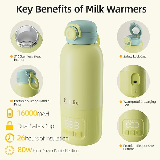 Ellie Portable Bottle Warmer for Travel, w/Reliable Warming, Extended Battery Life, Fast Heating of Breast Milk & Formula, 15 oz Large Capacity, Baby Bottle Warmer On The Go for Car & Airplane