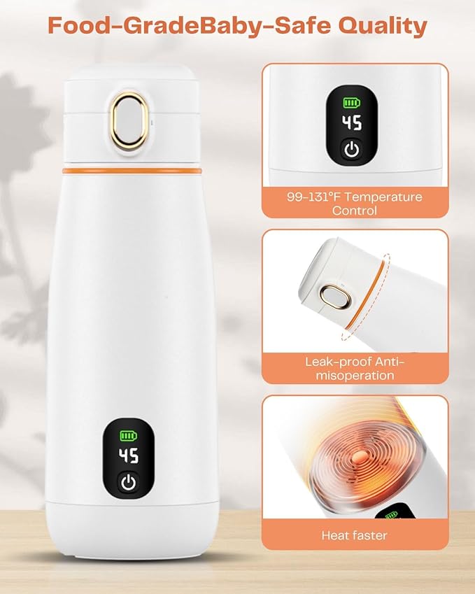 Portable Milk Warmer with LED Display, 11.83 fl oz, 98.6°F to 131°F Temperature Adjustment, for Formula and Breastmilk, for Travel and On-The-Go Use