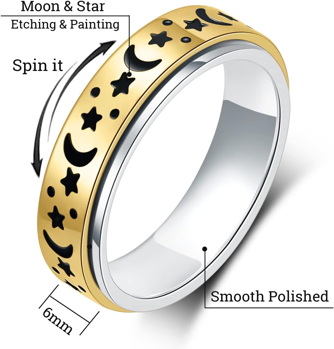 OreilleStar Anxiety Ring for Women Fidget Ring Stainless Steel Fidget Toys Adults Spinner Ring Silver Moon Star Fidgit Band Ring