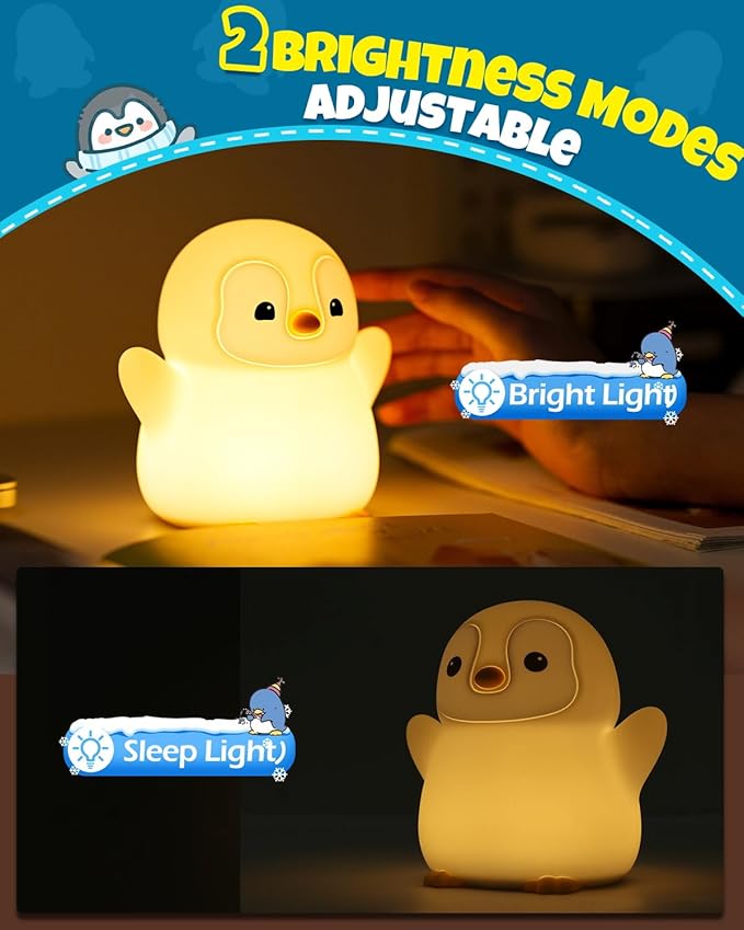 Cute Happy Penguin Night Light, Animal Lamp, Food Grade Silicone, Rechargeable, 2 Level Dimmable, Squishy Nursery Nightlight for Desk Decor, Funny Gifts Stuff for Boys Girls Baby, White Elephant Gifts