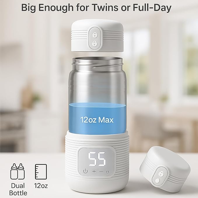 Portable Bottle Warmer for Travel – 12oz Portable Milk Warmer for Travel, LED Display, 3-Min Fast Heating, 10H Battery Life Leakproof for Breastfeeding, Formula, Camping Car Use (White, 12 oz)