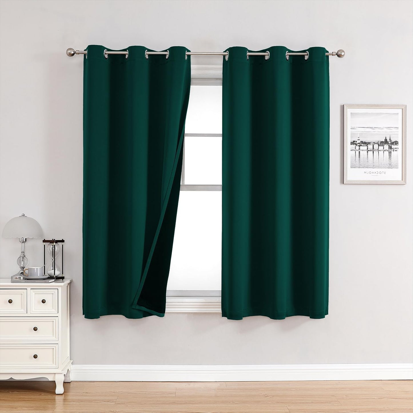ChrisDowa 100% Blackout Curtains for Bedroom with Black Liner, 2 Thick Layers Total Blackout Thermal Insulated Grommet Window Curtains 2 Panels Set (Forest Green, 42 x 63 Inch)