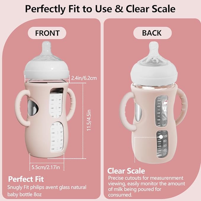 2 Pack Silicone Sleeves for Avent Natural Glass Bottles, Anti Breakage Baby Bottle Protector with Easy-Grip Handle, Compatible Philips Avent Glass Natural Bottle 8 oz, Not for Infant Use