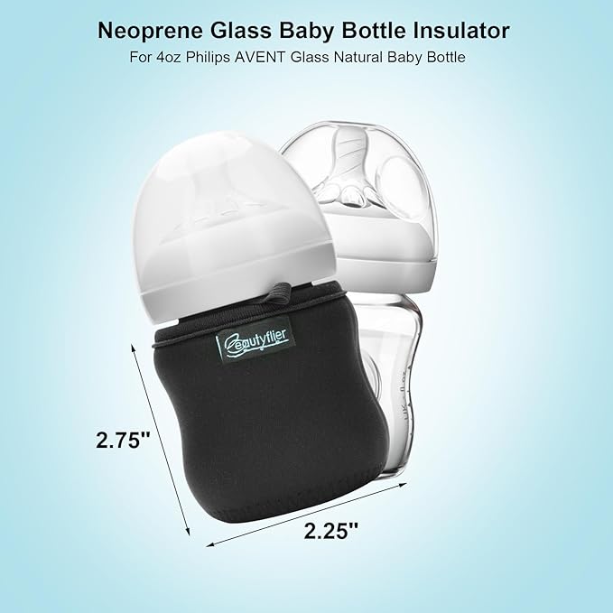 Beautyflier 4oz Glass Baby Bottle Sleeve Covers, Reusable Insulator, Heat/Cold Retention Neoprene Holder for Philips Avent (Black, 2PCS)