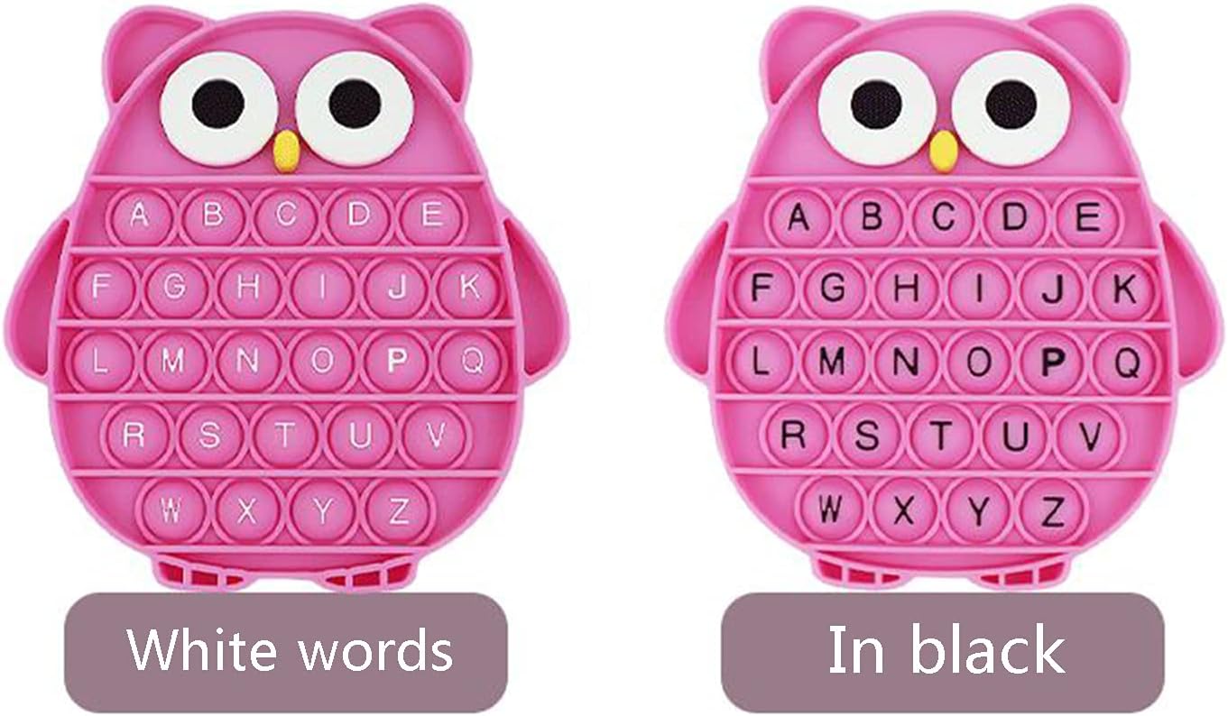 Push Pop Bubble Fidget Sensory Toy, Silicone Stress Relief Popping Toy, ABC Alphabet Owl Shaped Educational Learning Tools for Toddlers Kids Students (Black Letters-Rose)