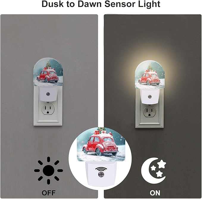 Vintage Christmas Red Car Night Light for Kids, Car Loaded with Gifts Christmas Tree Night Light Plug in with Dusk to Dawn Sensor,0.5w Energy Saving Nightlight for Boys Girls Home Decor