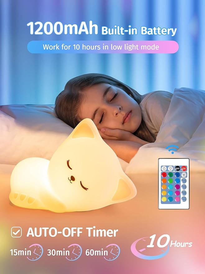 Mubarek Night Light for Kids, 16 Colors Dimmable Night Light lamp, Remote Silicone NightLight for Baby Nursery, Rechargeable Cute Lamp Cat Lamp,Timer Toddler Nightlight for Kids Room