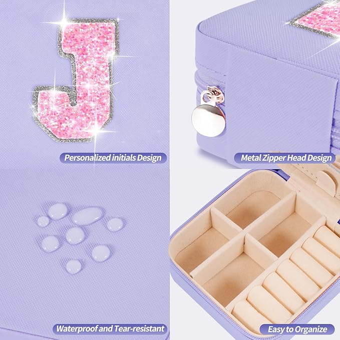 Travel Jewelry Case - Personalized Jewelry Box for Women,Small Jewelry Organizer Cute Jewelry Organizers and Storage Aesthetic,Travel Essentials Birthday Gifts for Girls Women | Lavender,J